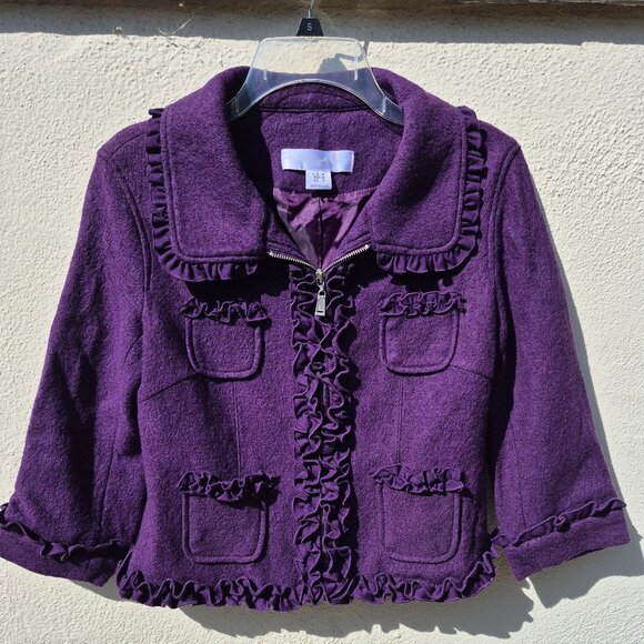 Anthro Purple Ruffle Trim Suit Jacket Blazer Retro Y2K Feminine Office Work M - Picture 3 of 16